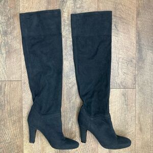 Stella McCartney Suede Knee-High Slip On Boots Black Round Toe Block Heels EU 36